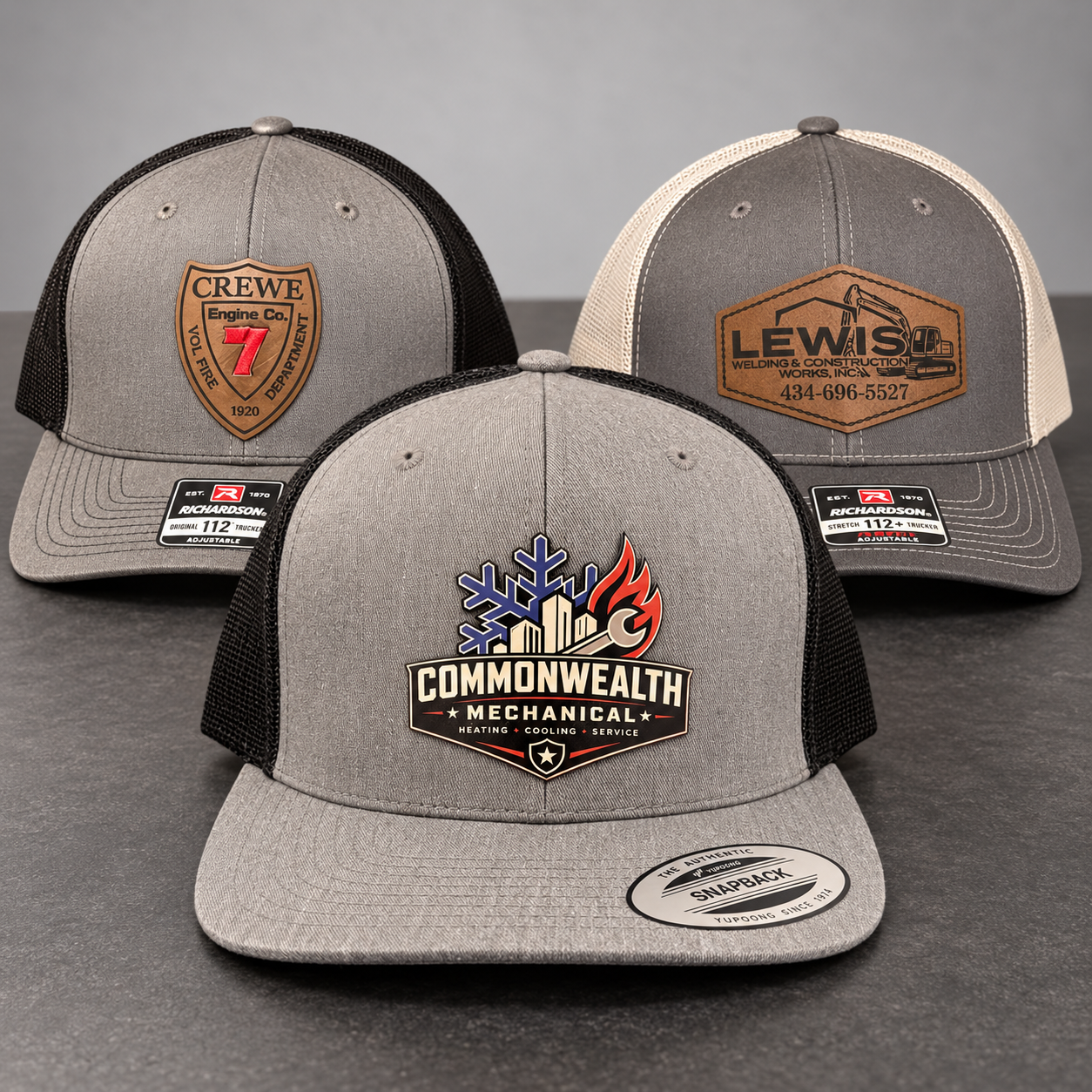 Custom patch hats for Commonwealth Mechanical, Crewe Fire Department, and Lewis Welding and Construction