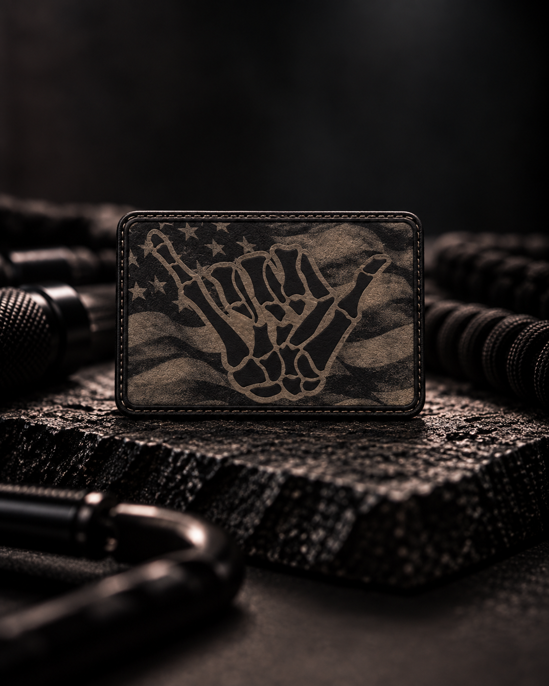 Skeleton Shaka Flag morale patch by Elevated Customs on tactical background