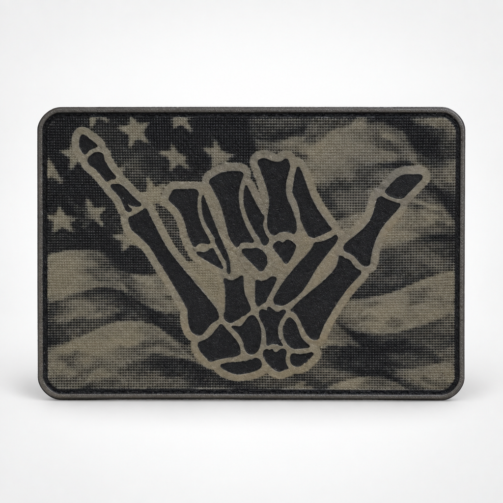 Skeleton shaka American flag morale patch on white background